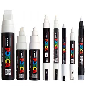 POSCA Lot de 8 stylos (PC-17K, PC-8K, PC-7M, PC-5M, PC-3M, PC-1M, PC-1MR, PCF-350) Blanc (Ponera, neuf)