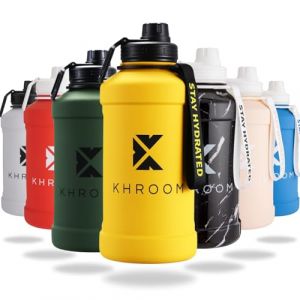 Khroom Gourde de sport 1,3L & 2,2L - Bouteille en acier inoxydable – Pour boissons gazeuses, étanche, lavable au lave-vaisselle, simple paroi, sans BPA | Bouteille Métallique | 2-Litres XXL Jaune (Varento, neuf)