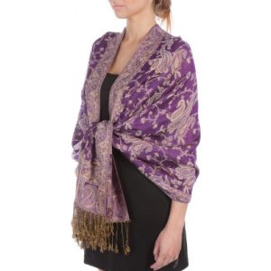 Sakkas 178cm x 71cm Double &eacute;paisseur Jacquard Cachemire Viscose Pashmina Ch&acirc;le/Echarpe/Etole - Violet/Champagne Cachemire (Sakka's, neuf)