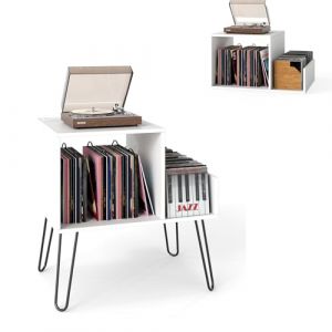KOMFOTTEU Meuble Platine Vinyle avec Station de Charge, pour jusqu'&agrave; 145 Albums, Support de Tourne-Disque, S&eacute;parateurs et &Eacute;tag&egrave;re lat&eacute;rale, &Eacute;tag&egrave;re de pr&eacute;sentation (Blanc) (Komfort GmbH, neuf)
