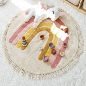 ZOYIEP Tapis d'enfants arc-en-ciel rond pour chambre d'enfant Tapis de jeu tapis de sol pour b&eacute;b&eacute; lavable tapis de sol pour b&eacute;b&eacute; antid&eacute;rapant grand tapis de jeu (Rose, 100x100 cm) (Loyaute, neuf)
