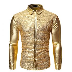 Chemise Paillette Homme Vetement Annee 80 Disco D&eacute;guisement Hippie Hommes Chemise &agrave; Paillettes pour Homme Chemises &Agrave; Manches Longues Boutonn&eacute;e Brillant&eacute; Tenue De F&ecirc;te Tendance Disco Party (02 Gold, M) (Beythetly, neuf)