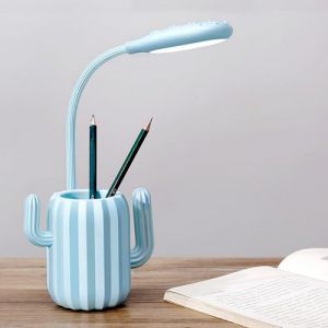 SEIWEI Lampe de bureau LED rechargeable – Lampe de table en forme de cactus mignon avec porte-stylo pour enfants, contrôle tactile, col de cygne, lampe de lecture (lumière blanche) bleu (Daily Choices, neuf)