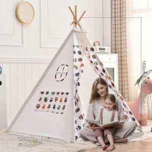 Tente tipi, 120 x 120 x 160 cm, avec boule de feutre, pour l'intérieur, plusieurs couleurs, en toile, tipi, tente de lecture et salle de jeux, tente pour enfant (hiboux) (jackfruitjuice, neuf)