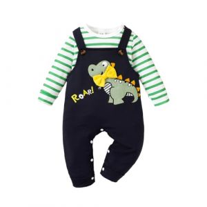 UUAISSO Bébé Garçon Vêtements Manches Longues Rayures Hauts Dinosaure Imprimé Salopette Réglable Bretelles Pantalon Tenue Ensemble Vert 12-18 mois (XXIE, neuf)