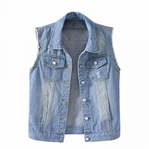 Gilet en Jean Femme Denim Veste sans Manche D&eacute;chir&eacute; Boutonn&eacute; Bleu Clair M (light-in-the-dark, neuf)