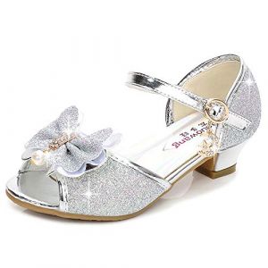 Eleasica Fille Haute Qualité Chaussures de Princesse Elsa Cendrillon Paillettes Sandales Argenté Bleu Doux Halloween Noël Anniversaire Ballerine à Talon Déguisement Size 26-38 17.5-23.5cm Cosplay (Eleasica, neuf)