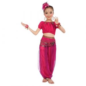 Costume Danse Indienne Enfant Tenue BolIywood Fille Ensemble Belly Dance avec Haut, Pantalon, Ceinture, Voile et Bracelets Déguisement Spectacle, Fête, CarnavaI, Danse Orientale (4-5 Years) (AncientCrab, neuf)