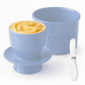 Beurrier Ceramique avec Couteau Beurre - Beurrier &agrave; Eau avec Couvercle, Pot &agrave; Beurre avec Refroidissement, Pot Beurre Fran&ccedil;ais Porcelaine pour Conserver le Beurre Frais (Bleu, 6 oz) (BozeRICH, neuf)