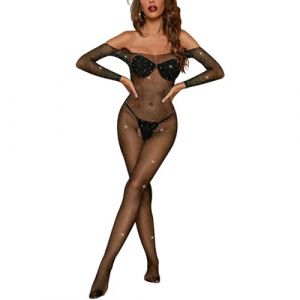 JENCVNL Femme Bodystocking Sexy R&eacute;sille Lingerie Fishnet Bodys Combinaison Ouverte R&eacute;Sille Bodysuit Babydoll Bas Dentelle Lingerie &Eacute;rotique pour Femmes (Noir avec des Paillettes) (Yinker Port, neuf)
