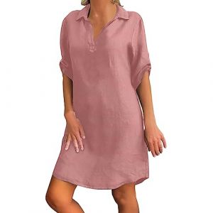 NNGOTD Robe Chemisier Femmes Robe Ete Femme Coton en Line Mi Longue Femmes T-Shirt Robe de Travail Chic et Elegant Décontractée Couleur Unie Manche Courte Jupe Vêtements Robe de Chambre Homme Rose (BAULMD（90% Big Promotion Without Discount Code ）, neuf)