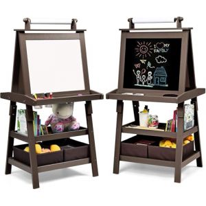 GOPLUS Tableau Enfant Double Face, Chevalet Enfant avec Tableau Blanc/Noir Magn&eacute;tique Effacable, Rouleau de Papier 2 Bo&icirc;tes de Rangement, pour 3+ Ans (Caf&eacute;) (Augenstern24, neuf)