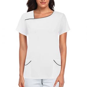 Blouse Tunique M&eacute;dicale Femme Col en V Banche Manche Courte Uniforme De Travail Blouse Infirmiere Femme Professionnelle Uniforme D'infirmi&egrave;re Uniforme De Travail Femme Esth&eacute;ticienne (Y-White, M) (DaPongZhi, neuf)