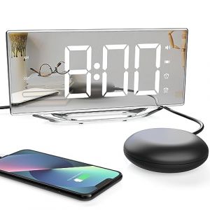 R&eacute;veil num&eacute;rique miroir avec vibration, grand &eacute;cran de 8,7 pouces, r&eacute;veil de sommeil profond, r&eacute;veil multifonction vibrant avec double snooze, port USB, luminosit&eacute; r&eacute;glable et volume (mesqool, neuf)