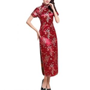Black Sugar Robe Qipao Courte et Long à Petites Manches et Motif Dragon Brocart Cheongsam Tunique (FR/ES, Alpha/Lettres, 3TG, Taille Normale, Taille Petite, Long Bordeaux) (BLACK SUGAR PARIS, neuf)