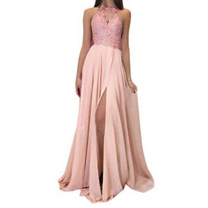 Onsoyours Robe De C&eacute;r&eacute;monie Longue Femme Blanche Dentelle Demoiselle d'Honneur Brod&eacute; Fleur Soir&eacute;e Col Rond Sans Manches Mousseline Grande Taille B Rose 44 (Zeigood Mode, neuf)