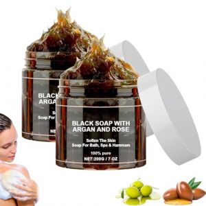 Gommage Savon Noir Corps,Savon Noir Marocain,Savon Noir Liquide,Gommage Exfoliant Corps,Savon Noir à L'argan Et Rose,Organic Moroccan Black Soap,Savon Exfoliant Pour Corps Au Savon Noir (2PC, 200g) (xiaxiappa99, neuf)