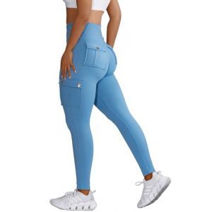 Nuofengkudu Push up Taille Haute Leggings Sport pour Femmes Elastique Opaque Doux Collant Pantalon avec Poche Cargo Fitness Running Jogging Sport Workout Yoga Pants Y-Bleu Ciel M (better Life, neuf)