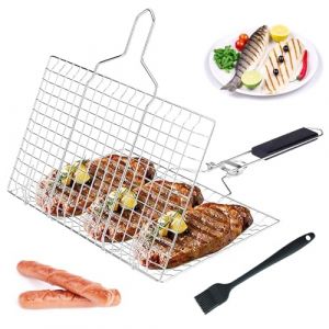 FZYCOM PNOOFR Panier Grille pour Barbecue, Grille Barbecue, Plat Cuisson Barbecue en Acier Inoxydable avec poign&eacute;e, Support de Barbecue Portable pour l'ext&eacute;rieur avec Brosse &agrave; Badigeonner (FZYCOM, neuf)