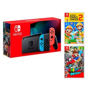 Nintendo Switch Rouge/Bleu N&eacute;on 32Go + Super Mario Maker 2 [Nouveau mod&egrave;le] Super Mario Odyssey (DistribNet, neuf)