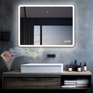 MIQU Miroir de salle de bain avec éclairage LED - 80 x 60 cm - Grand miroir avec Bluetooth et prise - Interrupteur tactile à intensité variable - Lumière chaude et blanche - Anti-buée - Miroir mural (MIQU PRODUKT GmbH, neuf)