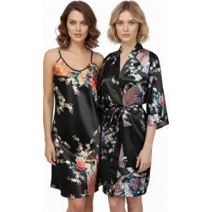 TRIFOLIUM Kimono - Peignoir Satin Soyeux avec Imprim&eacute; Paon & Fleurs Kimono + Chemisette Noir &Eacute;tiquette d'usine FR 42-44 (NG8701-M-BK-2PC) (Trifolium Ryan Collections, neuf)