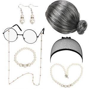 LOOPES 7pcs Kit de Deguisement Grand Mere, Perruque Grand Mère, Costume de Grand Mere avec Perruque Lunettes Bracelet Collier de Perles Chaîne de Lunettes pour Vieille Dame Halloween Carnaval (wujiming, neuf)