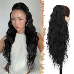 BARSDAR Noir Queue de Cheval Extension, Cordon Queue de Cheval pour Femme, 66cm Longue Ondul&eacute;es Queue de Cheval Extension de Cheveux, Synth&eacute;tique Clip en Queue de Cheval Postiche, Naturel Noir (BARSDAREU, neuf)