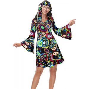 Jutrisujo Déguisement Annee 80 Femme 60, 70, 90 Disco Hippie Costume Remme Robe Vetement Halloween Deguisement Hippie Carnaval Grande Taille Noir L (jutrisujo Unique, neuf)