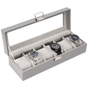 ProCase Bo&icirc;te &agrave; montres avec 6 compartiments - Avec couvercle en verre - Avec coussin de montre - Bo&icirc;te de rangement de qualit&eacute; sup&eacute;rieure - En cuir synth&eacute;tique - Pour homme - 6 compartiments - Gris (ChangBo Store, neuf)