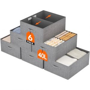 Lifewit Boite Rangement Vetement Lot de 6, Rangement Armoire Placard Pliable, Organisateur Tiroir Vetement avec Cloison Amovible, Rangement Dressing, Casier de Rangement 40L(50x40x20cm), Gris Clair (Lifewit Home FR, neuf)