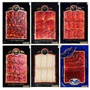 Lot d&eacute;gustation la cuisine espagnole: Jambon ib&eacute;rique Gland, Longe ib&eacute;rique gland, Cecina de Le&oacute;n, Gland Chorizo, Gland Saucisson, Fromage de brebis (100 g chacun). (✅ WikiMark, neuf)