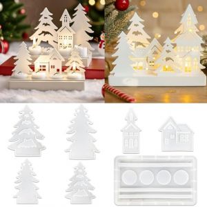 TZEKING 7 Pièces Moules en Silicone,Noël 3D Moules pour Bougies Arbre,Moule Bougie Maisonavec Base,Moule pour Bougeoir et Plâtre,pour Moulage de Maisons et Arbres (ZeeWee, neuf)