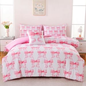 Freyamy Housse de Couette 220x240+2 Taie d'oreiller 65x65cm Blanc Rose Noeud Papillon Parure de lit 2 Personnes Adulte Sets de Housse Couette en Microfibre avec Fermeture &Eacute;clair (Mitchell'SZ, neuf)