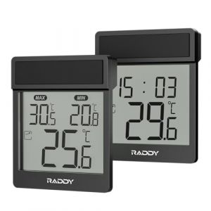 Raddy WT-1 Thermom&egrave;tre de fen&ecirc;tre num&eacute;rique, IP44 &eacute;tanche int&eacute;rieur ext&eacute;rieur avec &eacute;cran LCD clair, enregistrement Max/Min, montage adh&eacute;sif, &agrave; pile pour maison serre, lot de 2 (Noir) (Radioddity France, neuf)