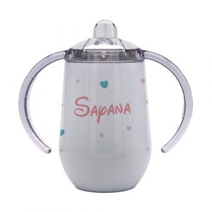 Marquage Unique Gobelet d'Apprentissage pour Bébé avec Anses, Tasse Isotherme Personnalisable, Motif Éléphant et coeurs - Gourde isotherme personnalisée au Prénom (MARQUAGE UNIQUE, neuf)