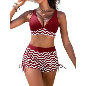 FemiChic Maillot de Bain Femme 2 Pieces Haut de Maillot Col en V Sexy Bikini Shorty Taille Haute Ventre Plat Imprim&eacute; Ete Swimwear(Rouge Vin,L) (YOYOO, neuf)