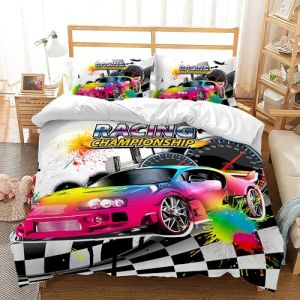 Housse de Couette Voiture De Sport 140x200cm Enfant Parure de Lit 1 Personnes Courses De Sports Extrêmes Microfibre Set Housse de Couette avec Fermeture Éclai avec 1 Taies d'oreiller 65x65cm (chuantouchi, neuf)