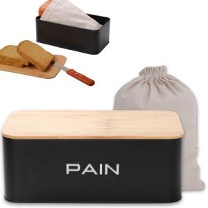KOOK TIME Bo&icirc;te &agrave; Pain en M&eacute;tal avec Couvercle en Bambou &ndash; Huche &agrave; Pain Ventil&eacute;e &ndash; Design Moderne &ndash; Inclut Sac &agrave; Pain en Coton &ndash; 34x19x12.5 cm. - Noir Mat (Kook Shop, neuf)