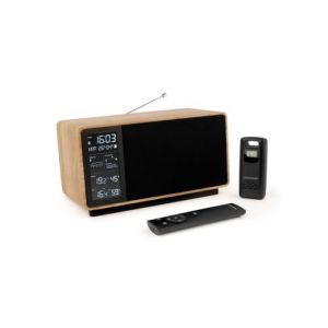 THOMSON Enceinte Bluetooth et Station M&eacute;t&eacute;o, Radio FM, Haut-Parleur Puissance 50W, Sonde Ext&eacute;rieure sans Fil, Analyse Qualit&eacute; de l'Air Int&eacute;rieure, T&eacute;l&eacute;commande, Large Ecran LCD - en Bois - WS202TBK (GamesJ, neuf)