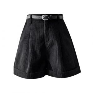 keusyoi - Short en velours c&ocirc;tel&eacute; pour femme - Taille haute vintage - Ajustement slim - Ourlet roul&eacute; - Short d'hiver petite cloche, Noir , XS (PENGYUYANXIAODIAN, neuf)