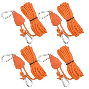 4 PCS Corde de Tente Réfléchissante, 6mm Cordon de Camping avec Poulie, Corde à Cliquet avec Crochet, Corde Nylon Escalade 5M, Tendeur de Corde a Linge Exterieur pour Randonnée, Auvent (Orange) (Bocxin, neuf)