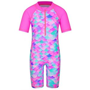 HUAANIUE Filles Maillot de Bain 1 Pièce 2-12 Ans, Anti-UV UPF 50+ Manches Courtes, Fermeture Éclair Frontale, Imprimés Colorés, Idéal pour Plage et Piscine (S408-Écailles Roses Vives, 6-8 Ans) (HUANQIU EUR STORE, neuf)