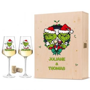 GRAVURZEILE Leonardo Puccini Verre &agrave; vin avec impression UV - Grinch - Personnalis&eacute; avec nom avec bo&icirc;te en bois imprim&eacute;e - Cadeaux pour les amateurs de vin - Cadeau pour les femmes et les hommes - (GRAVURZEILE, neuf)