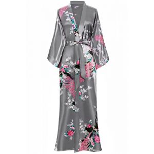 BABEYOND Kimono Femme Long en Satin - Peignoir L&eacute;ger Imprim&eacute; Paon jusqu'&agrave; la Cheville, Taille unique Grande taille, Gris (Lixuanshengang, neuf)