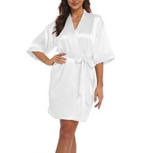 Teemie Peignoir de Bain Femme Satin Kimono Court Robe de Chambre Chemise de Nuit Mariée Mariage Veste de Pyjama Blanc L (Teemie, neuf)