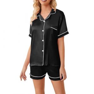QINFEN YUNDOU Pyjama &agrave; Manches Courtes pour Femme Ensemble de Pyjama, Pyjama Deux pi&egrave;ces en Satin Pyjama Manches Courtes avec Boutons (FR/ES, Alpha/Lettres, TTG, Taille Normale, Taille Normale, Noir) (Onebestbuy, neuf)
