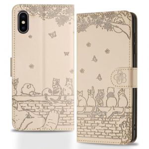 Butnyeoe Coque pour iPhone XS Rabat,Housse Pochette iPhone X Clapet,Portefeuille Etui avec Porte-Carte et Dragonne,Chats/Fleur PU Cuir/Antichoc Flip Folio Case.Beige/Kaki (Bartern, neuf)