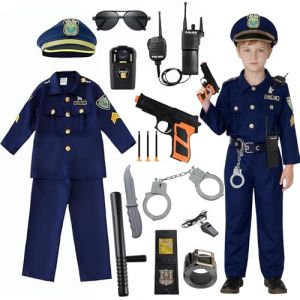 Deguisement Policier Enfant, Costume Policier Enfant,Police D&eacute;guisement avec Chemise,Pantalon,Chapeau,Ceinture,Menotte,Police Insigne,Matraque,Talkie-Walkie,Pistolets Jouets pour Carnaval Halloween (XM-mengpanwei, neuf)