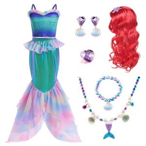 Deguisement Sirene Fille Robe De Princesse Ariel Costume Sirene Fille Avec Perruques Princesse Avec Ensemble De Collier Couronne Pour Halloween Anniversaire FêTé Carnaval Cosplay 8-9ans,poudré 140cm (yufanzhenmaoyi, neuf)